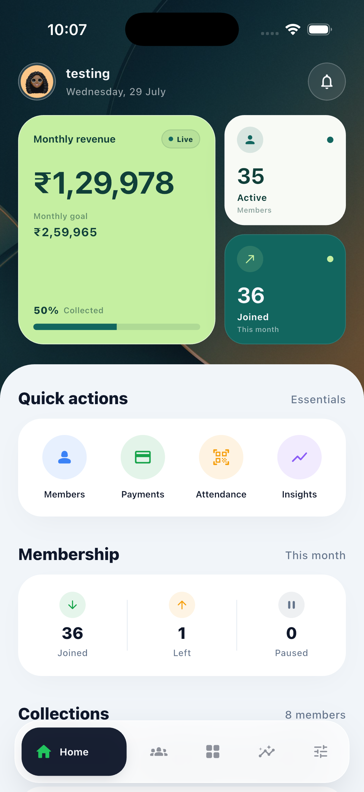 Gymmey gym management dashboard showing monthly revenue, active members, new memberships, and quick actions