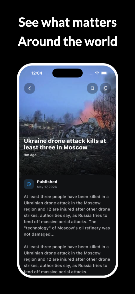 News Orbit article screen with the headline Ukrainian drone attack kills at least three in Moscow
